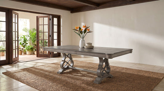 Cresswell 104-inch Double Pedestal Extension Dining Table Weathered Taupe