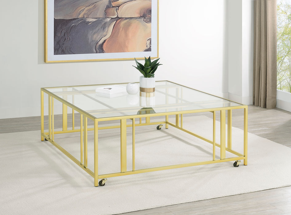 Adri Square Glass Top Coffee Table with Casters Matte Brass