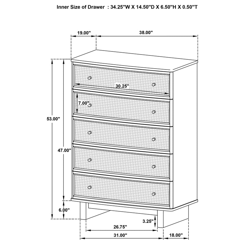Kailani 5-drawer Bedroom Chest of Drawers Beige Oak