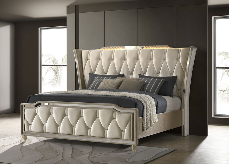 Lorient Queen LED Upholstered Wingback Bed Ivory and Camel