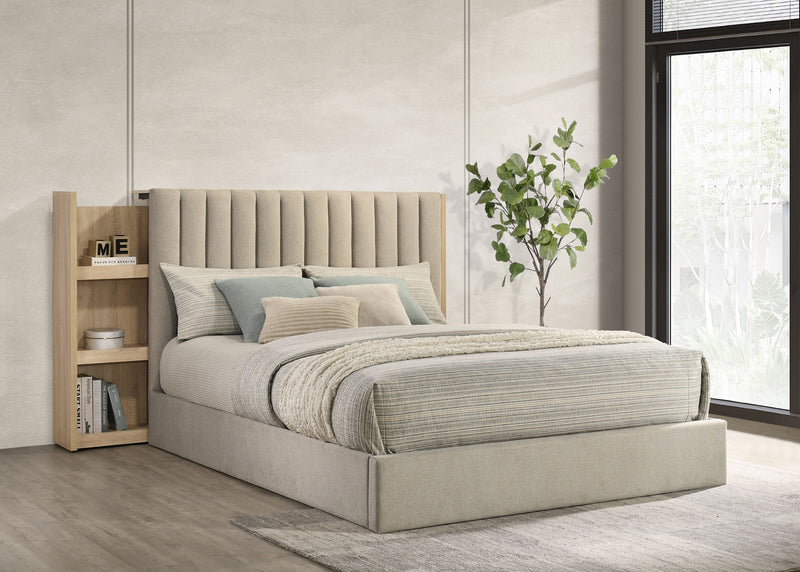 Arielle Eastern King Upholstered Bookcase Bed Light Tan and Light Oak