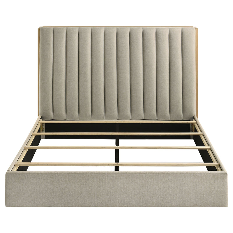 Arielle Queen Upholstered Bookcase Bed Light Tan and Light Oak