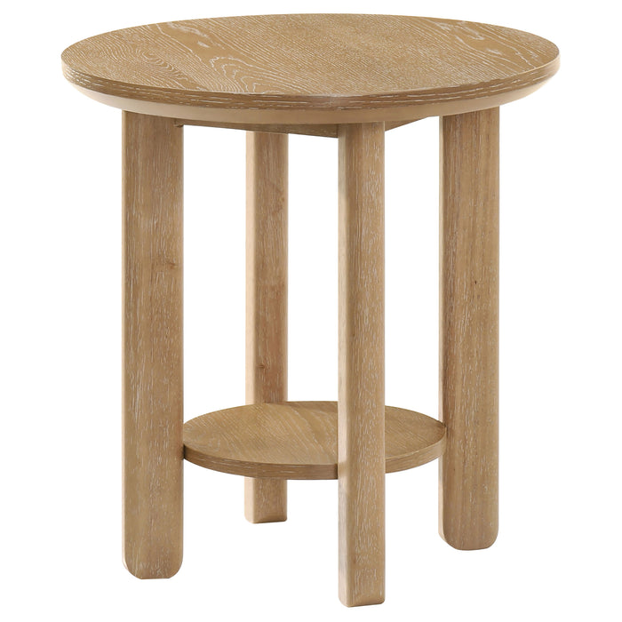 Ottowa Round Wood Side End Table with Shelf Washed Oak