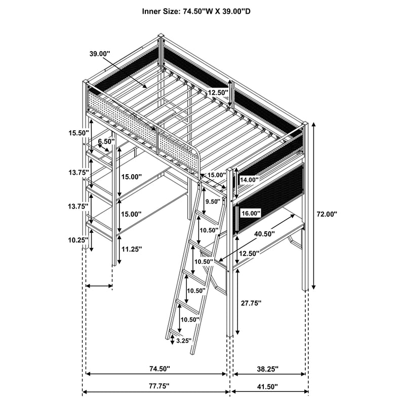 Campus Metal Twin Workstation Loft Bed with Desk Matte Black
