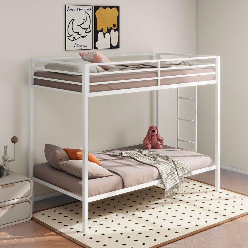 Alevera Twin-Over-Twin Steel Bunk Bed with Ladder Matte White