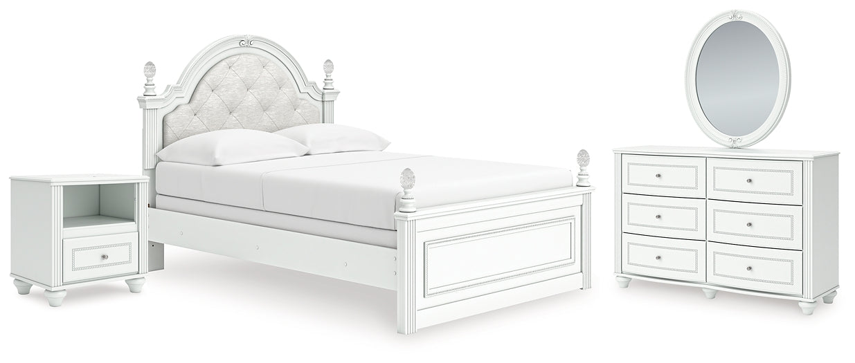 Kozlani Full Upholstered Panel Bed, Dresser, Mirror and Nightstand