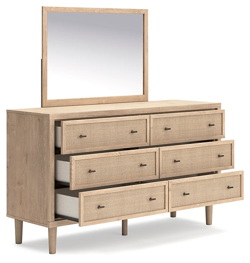 Cielden Full Upholstered Bed with Roll Slats, Dresser and Mirror