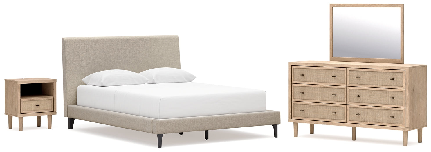 Cielden Queen Upholstered Bed with Roll Slats, Dresser, Mirror and Nightstand