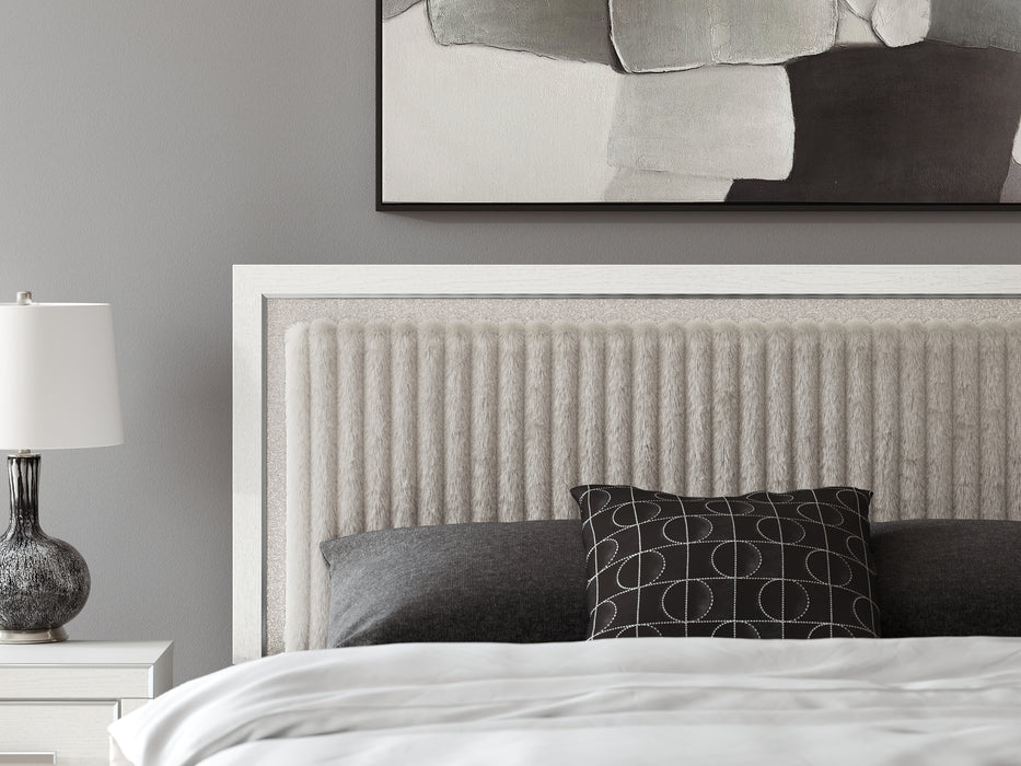 Zuraleus King Upholstered Panel Platform Storage Bed, Dresser and Mirror