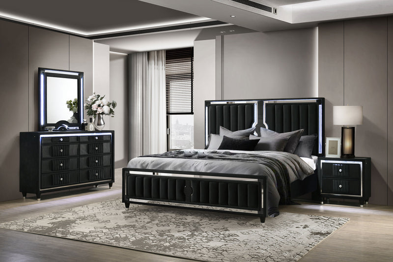 Ravenne 4-piece Velvet Upholstered Eastern King LED Bedroom Set Black