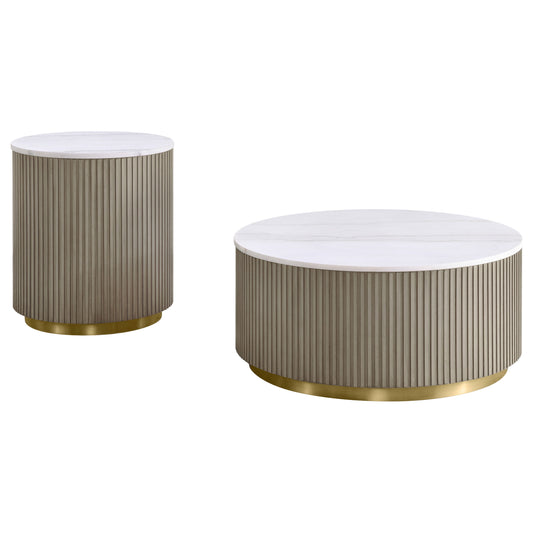 Jason 2-piece Round White Marble Coffee Table Set Greige