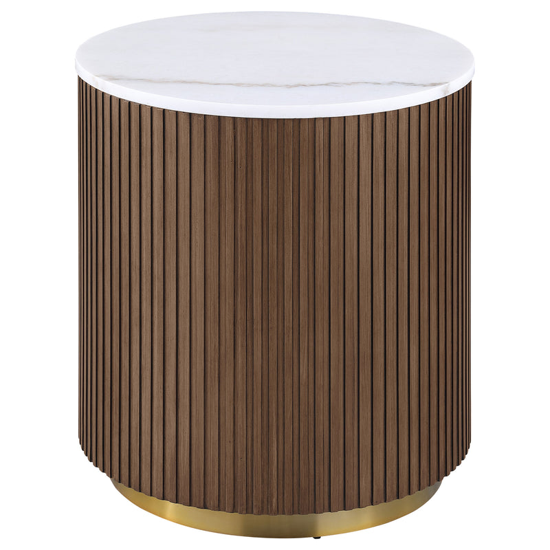 Jason Round White Marble Top Side End Table Honey Brown