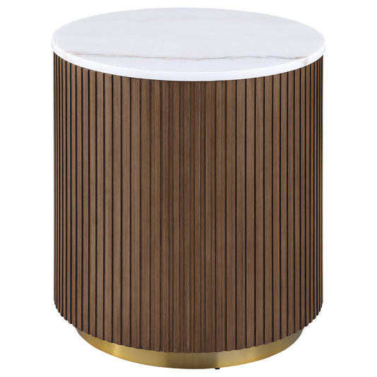Jason Round White Marble Top Side End Table Honey Brown