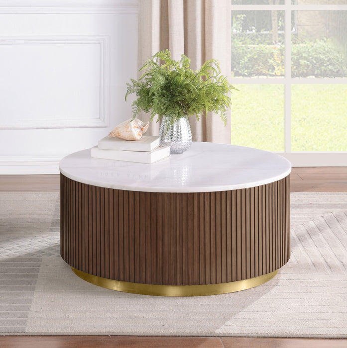 Jason Round White Marble Top Coffee Table Honey Brown