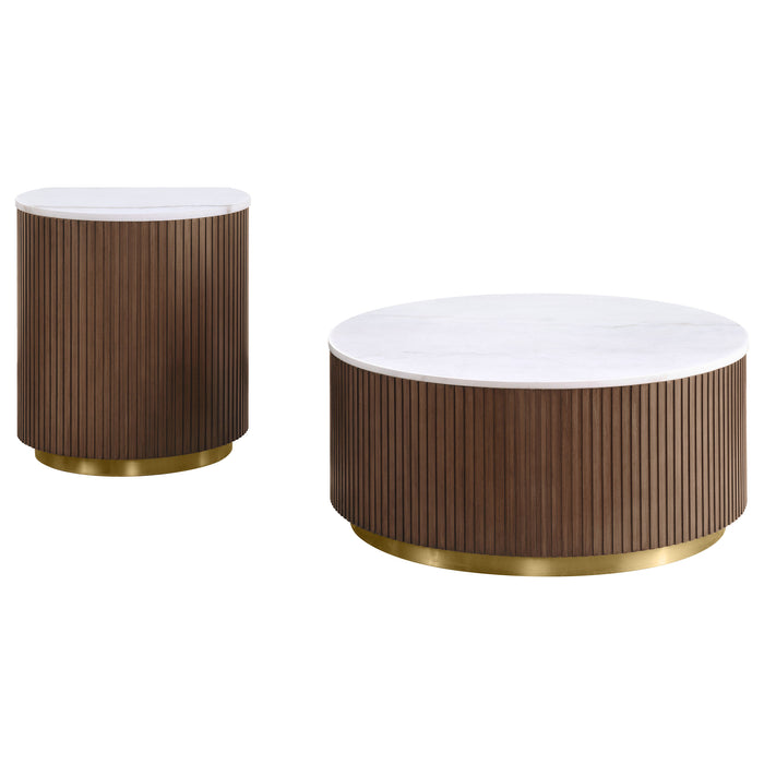 Jason 2-piece Round White Marble Coffee Table Set Honey Brown