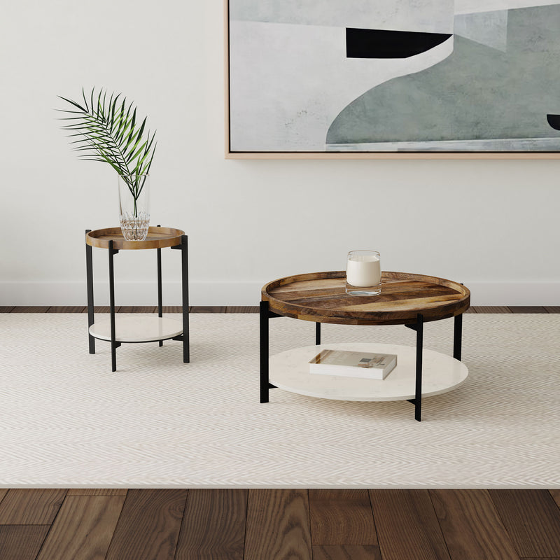 Adhvik Round End Side Table Marble Shelf Natural and Black