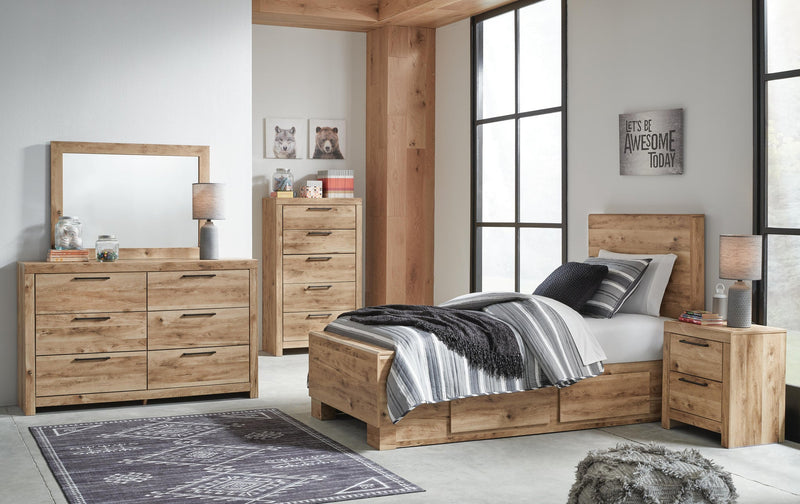Hyanna Twin Panel Bed with 2 Side Storage, Dresser, Mirror and Nightstand