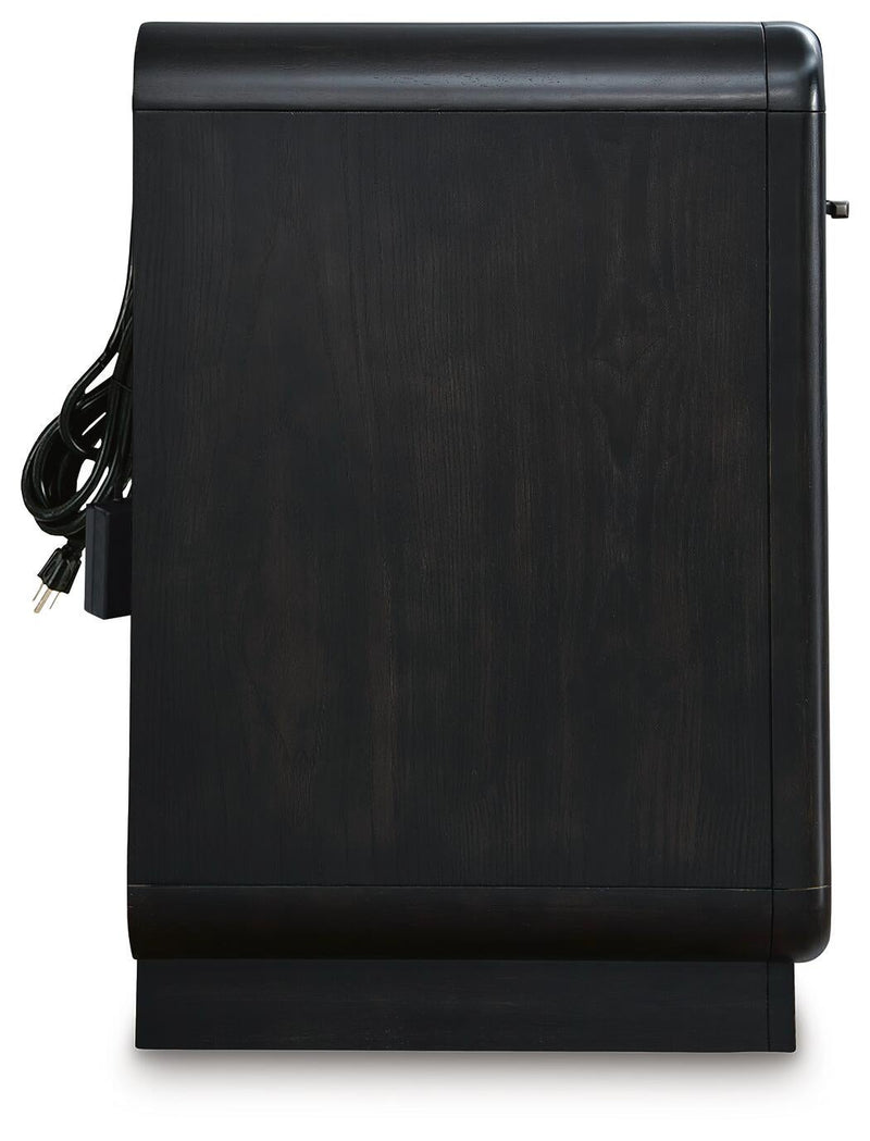 Rowanbeck California King Upholstered Panel Bed, Dresser, Mirror and Nightstand