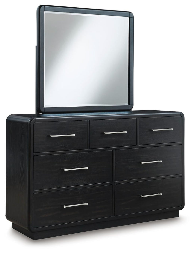 Rowanbeck King Upholstered Panel Bed, Dresser, Mirror and Nightstand