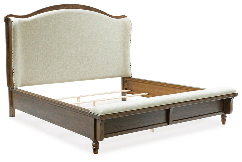 Sturlayne California King Upholstered Panel Bed, Dresser and Mirror