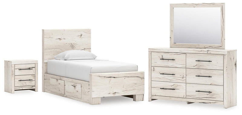 Lawroy Twin Panel Bed with Storage, Dresser, Mirror and Nightstand