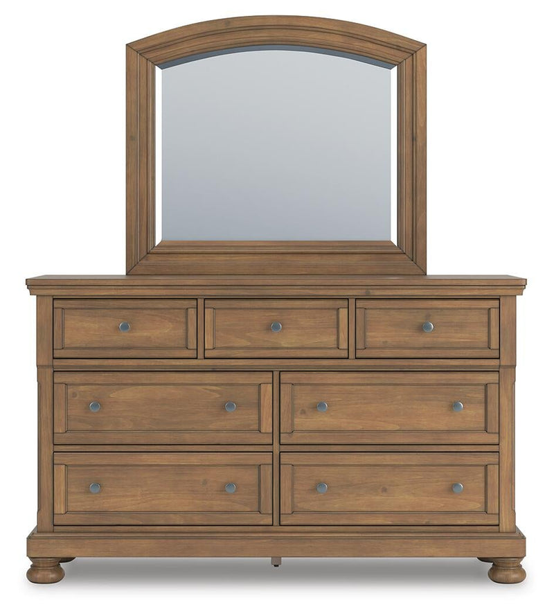 Vandenmore King Storage Sleigh Bed with Mirrored Dresser and Nightstand