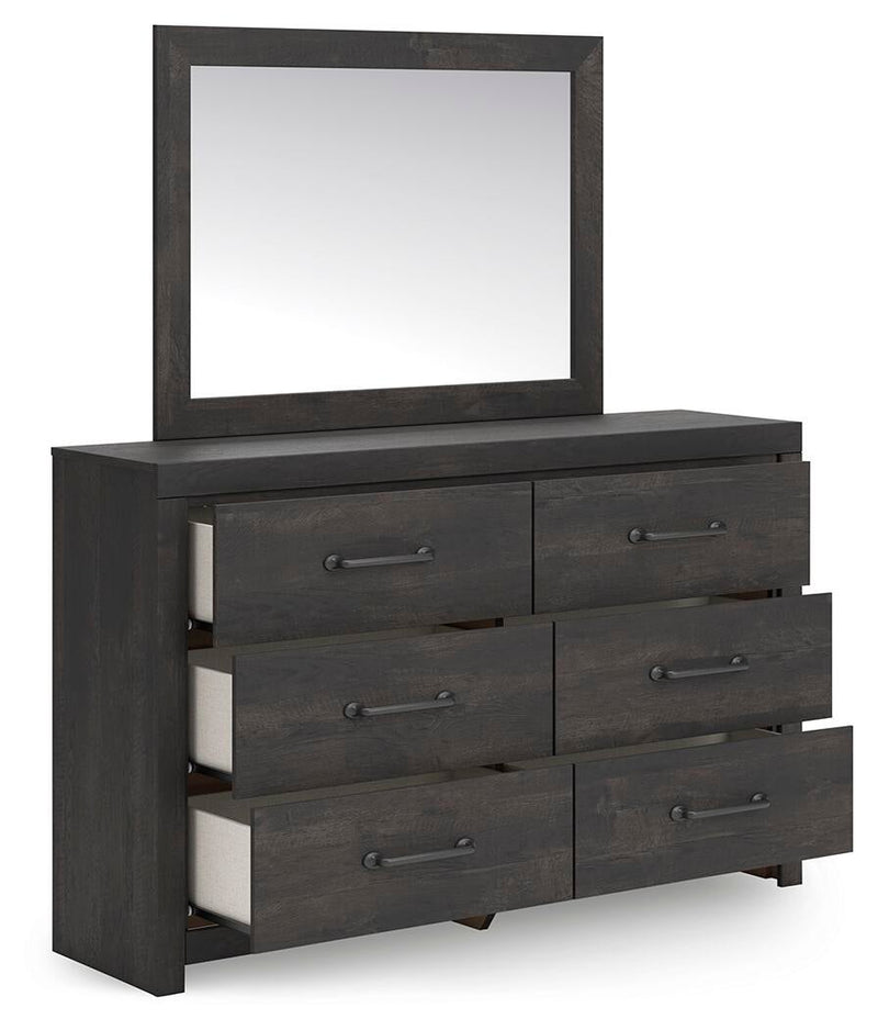 Delmorta Full Panel Storage Bed, Dresser, Mirror and Nightstand