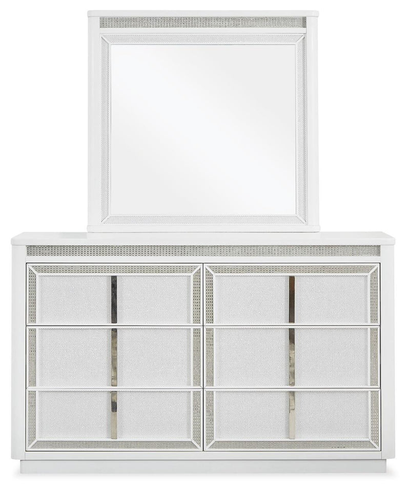Chalanna California King Upholstered Storage Bed, Dresser, Mirror and Nightstand