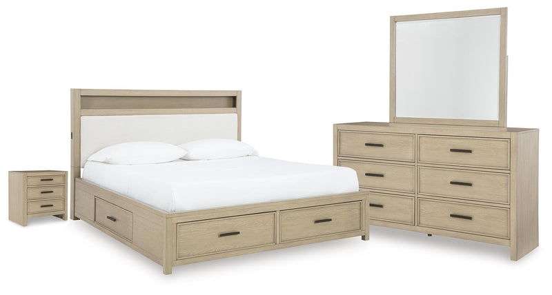 Calmoro California King Bookcase Bed with Mirrored Dresser and Nightstand
