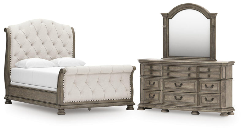 Ardenfield Queen Upholstered Sleigh Bed, Dresser and Mirror
