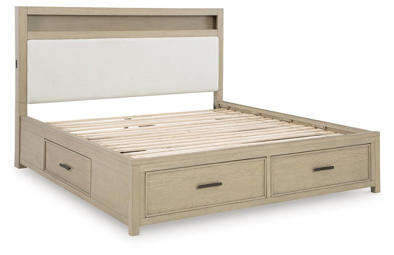 Calmoro King Bookcase Bed with Mirrored Dresser and Nightstand