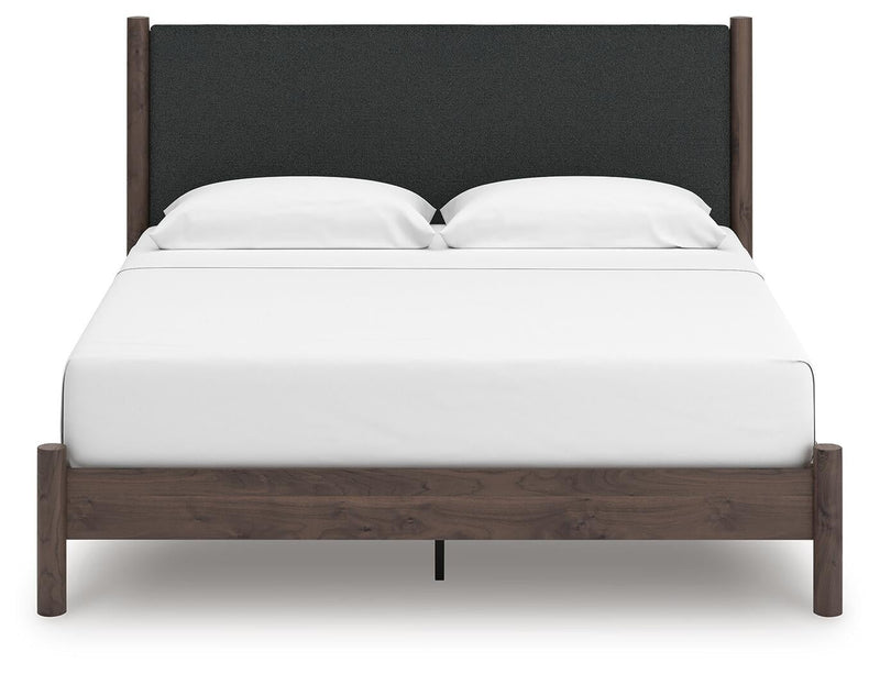 Cadmori King Upholstered Panel Platform Bed, Dresser and Mirror