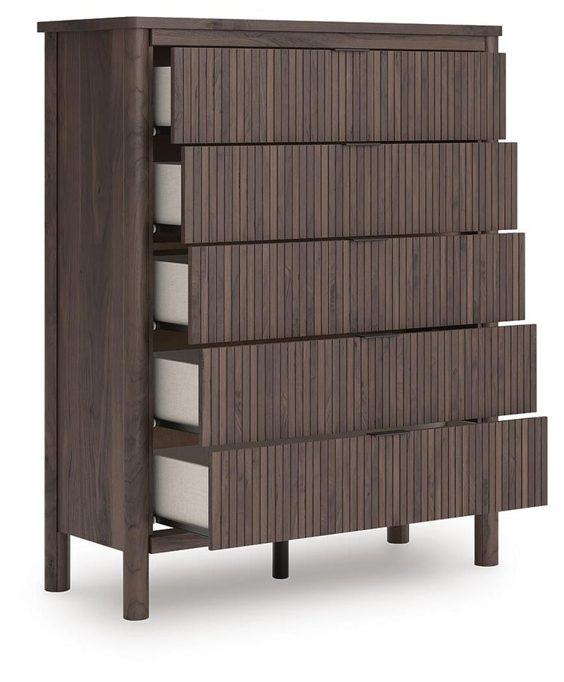 Cadmori Queen Upholstered Panel Bed, Dresser, Mirror and Nightstand