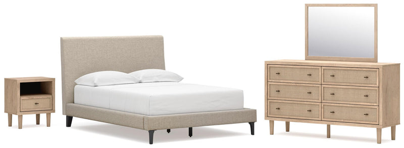 Cielden Full Upholstered Bed with Roll Slats, Dresser, Mirror and Nightstand