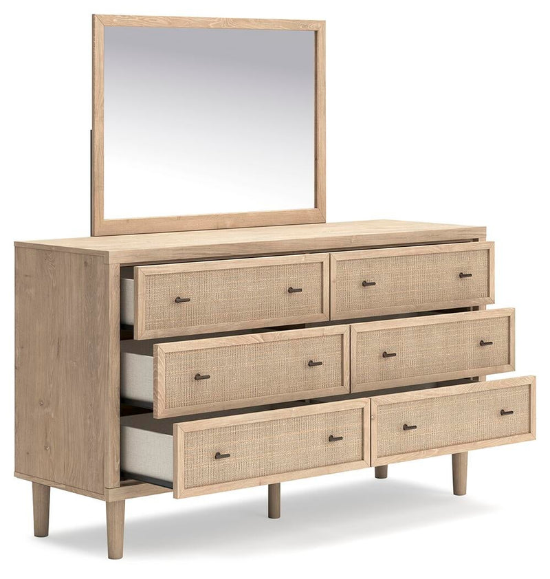 Cielden Full Upholstered Bed with Roll Slats, Dresser, Mirror and Nightstand