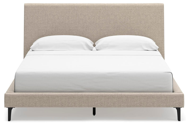 Cielden California King Upholstered Bed with Roll Slats, Dresser and Mirror