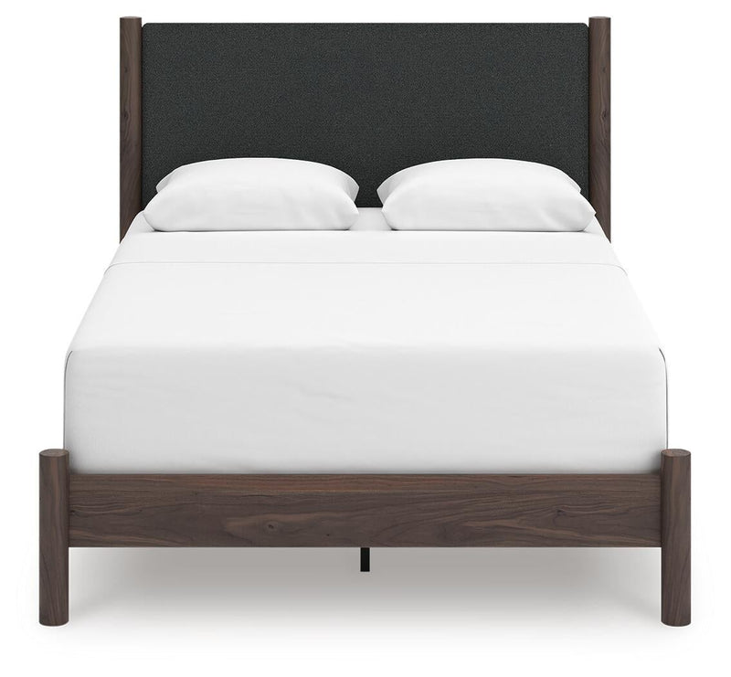 Cadmori Queen Upholstered Panel Bed, Dresser, Mirror and Nightstand
