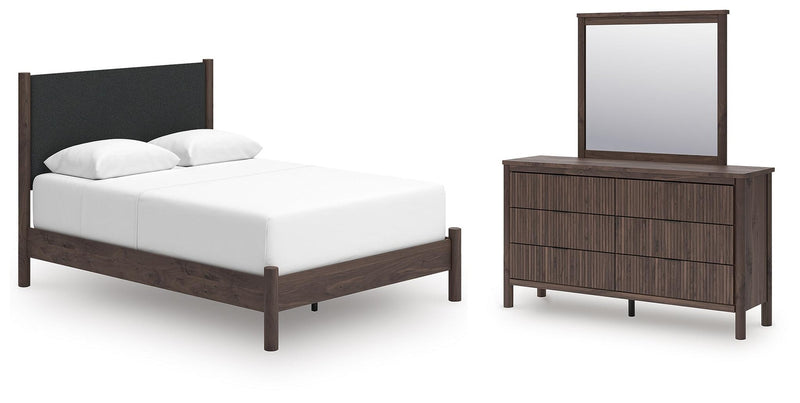 Cadmori Queen Upholstered Panel Bed, Dresser and Mirror