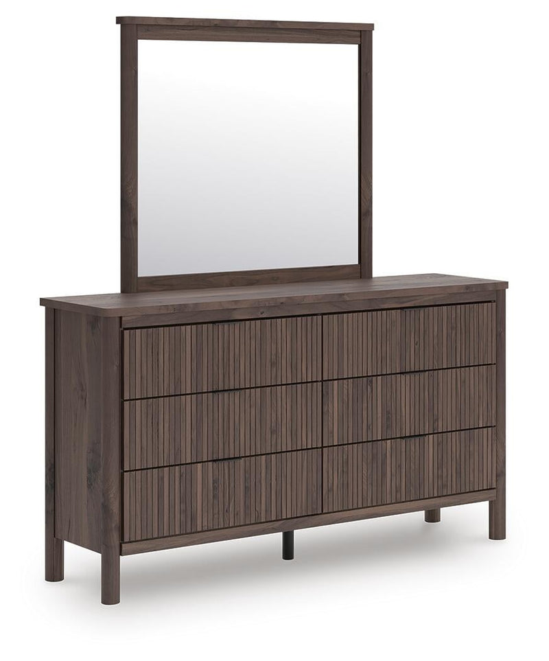 Cadmori Full Upholstered Panel Bed, Dresser, Mirror and Nightstand