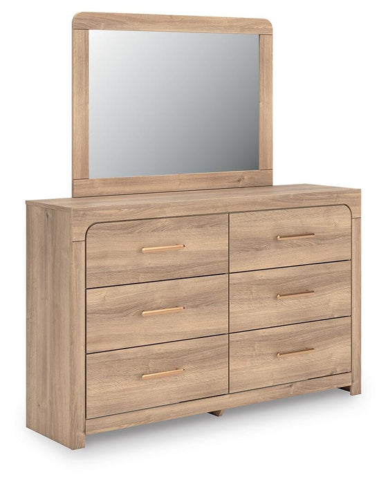 Kinlanni Queen Upholstered Platform Bed, Dresser and Mirror