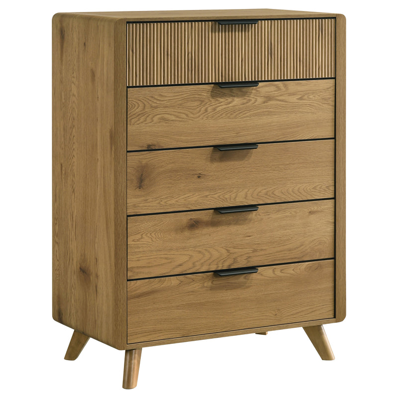 Bennett Full Cream Upholstered 5-Piece Mid-Century Bedroom Set Light Oak
