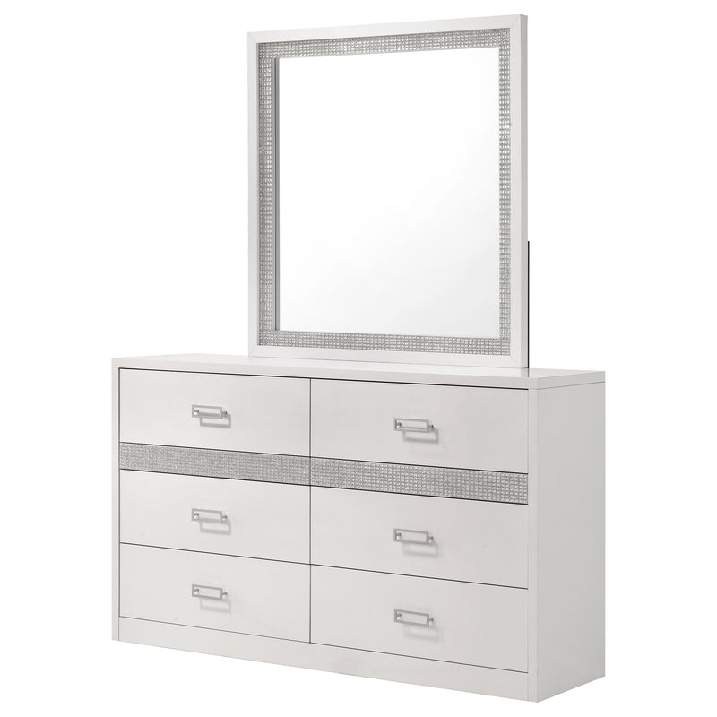 Viana 6-Drawer Bedroom Dresser with Beveled Mirror White High Gloss