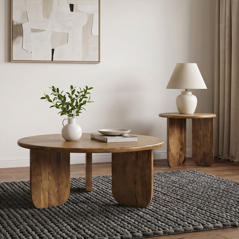 Dale 2-Piece Round Mango Wood Coffee and End Table Set Honey Mango